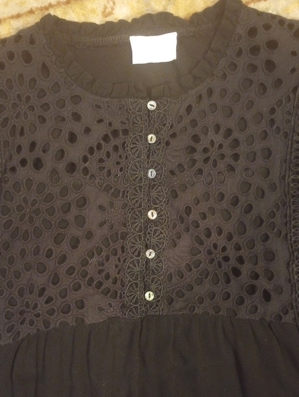Black Eyelet Yoke Tunic Blouse with Button Front - Picture 2 of 8